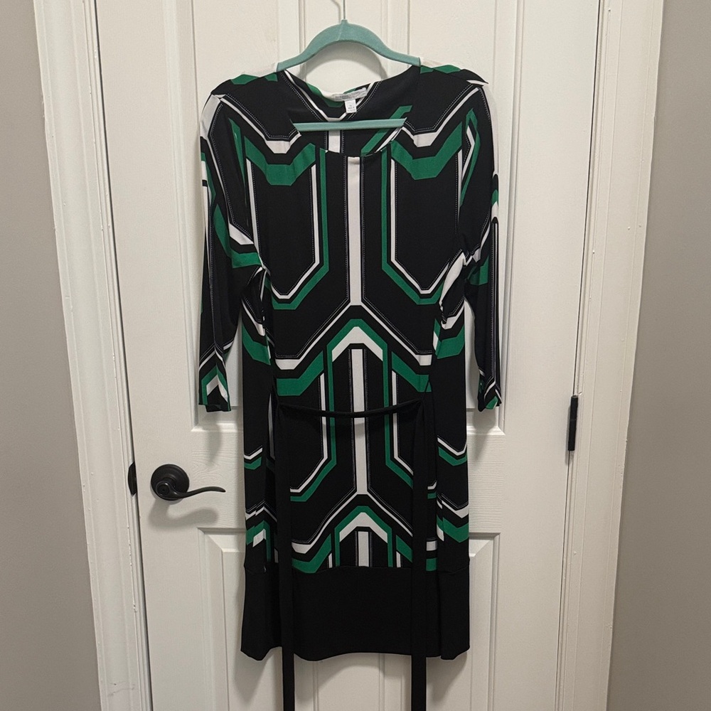 New York & Company Geometric Black and Green Dress